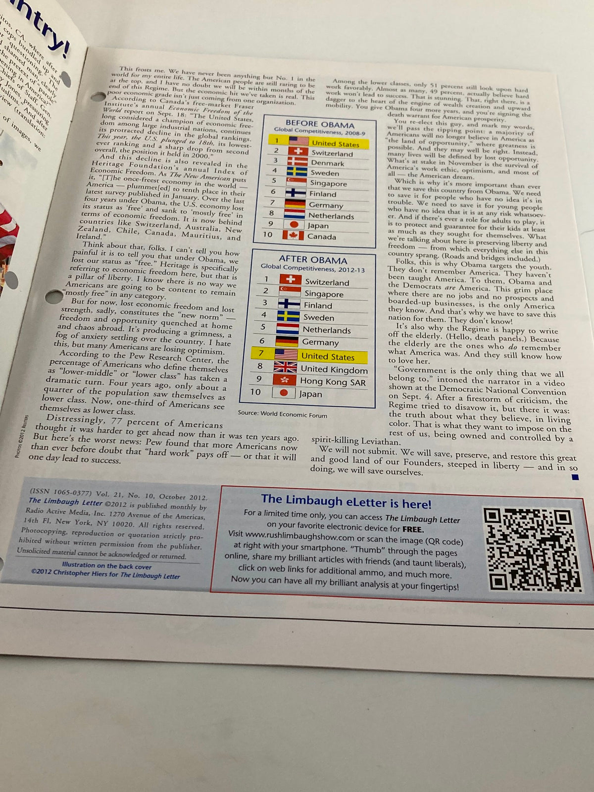 Another inside page of Rush Limbaugh Letter Newsletter Magazine October 2012 displaying a table comparing the United States with other countries before and after Obama's presidency.