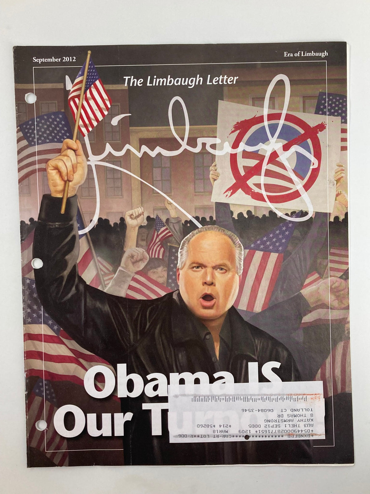 Rush Limbaugh Letter Newsletter Magazine September 2012 cover featuring a dramatic illustration with Limbaugh and the headline 'Obama Is Our Turnout', surrounded by supporters holding flags.