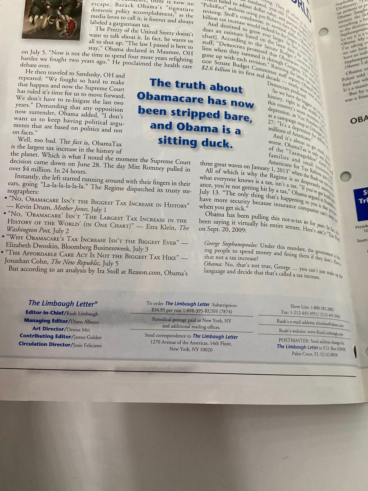 Inside page of Rush Limbaugh Letter Newsletter Magazine August 2012 discussing the implications of Obamacare with highlighted text and illustrations.