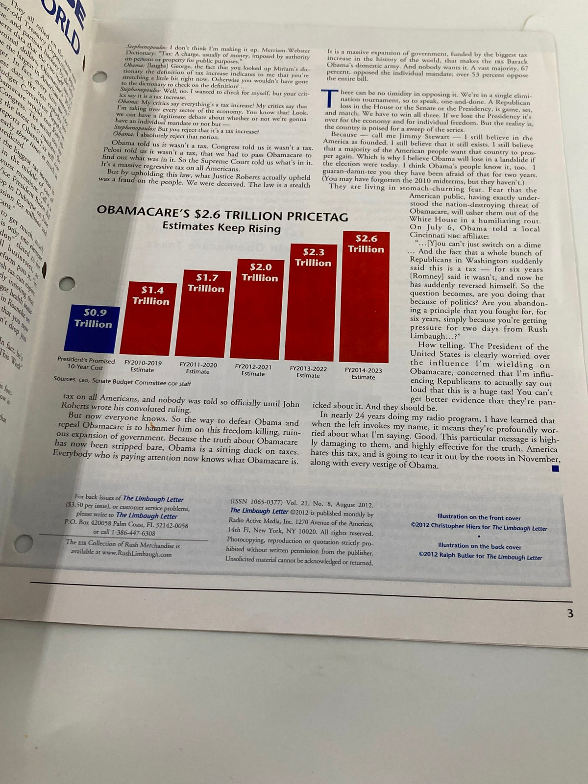 Another inside page of Rush Limbaugh Letter Newsletter Magazine August 2012 displaying a graph illustrating the rising estimates of Obamacare's financial impact.