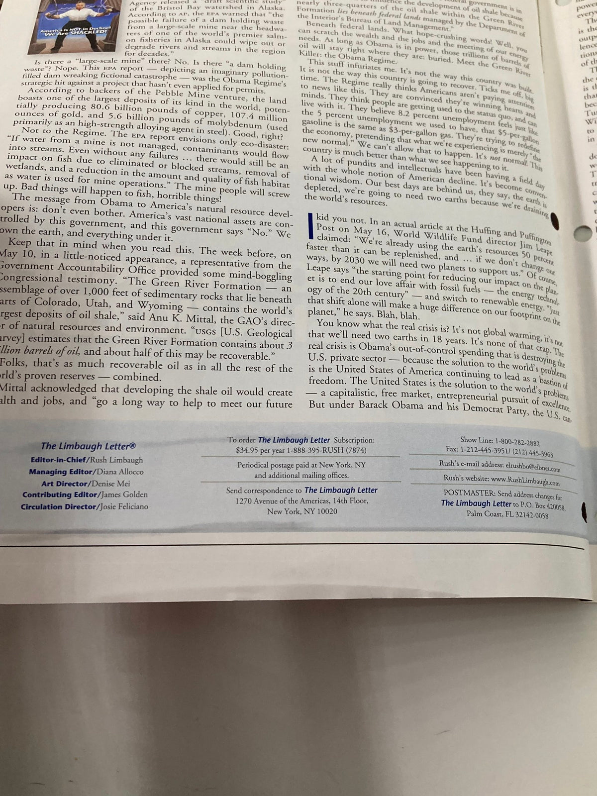 Inside page of Rush Limbaugh Letter Newsletter Magazine June 2012 showing circulation details and a list of contributors.