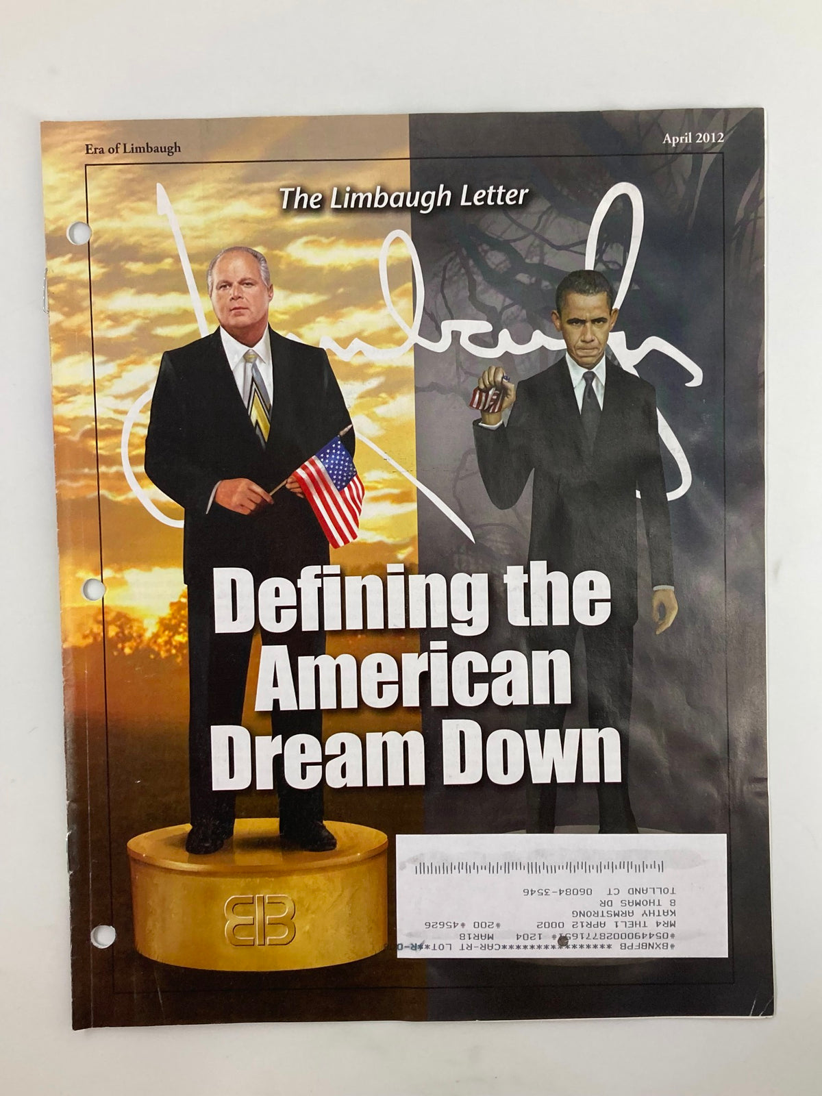 Rush Limbaugh Letter Newsletter Magazine April 2012 cover featuring dramatic imagery and the headline 'Defining the American Dream Down'.