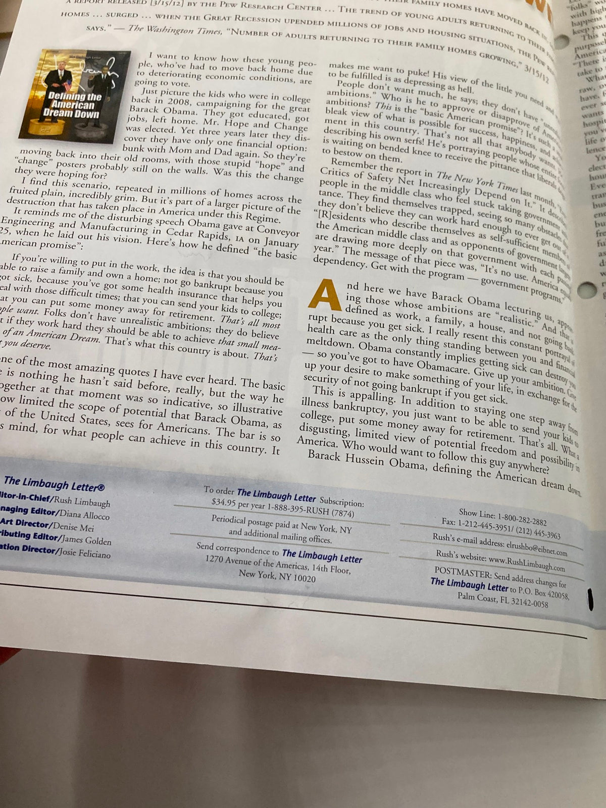 Inside page of the Rush Limbaugh Letter Newsletter Magazine April 2012 with the statement 'Dream Down' highlighting political commentary.