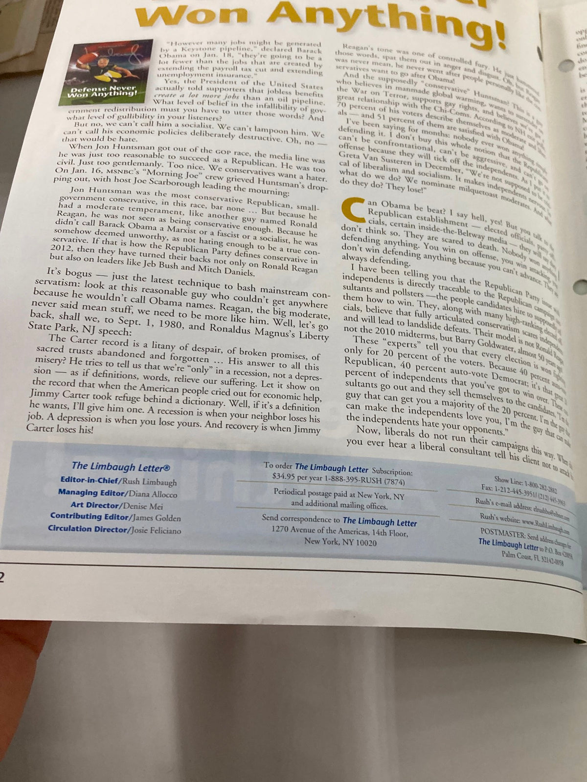 Inside page of February 2012 Rush Limbaugh Letter Newsletter Magazine containing text discussing political themes and commentary related to defense policy.