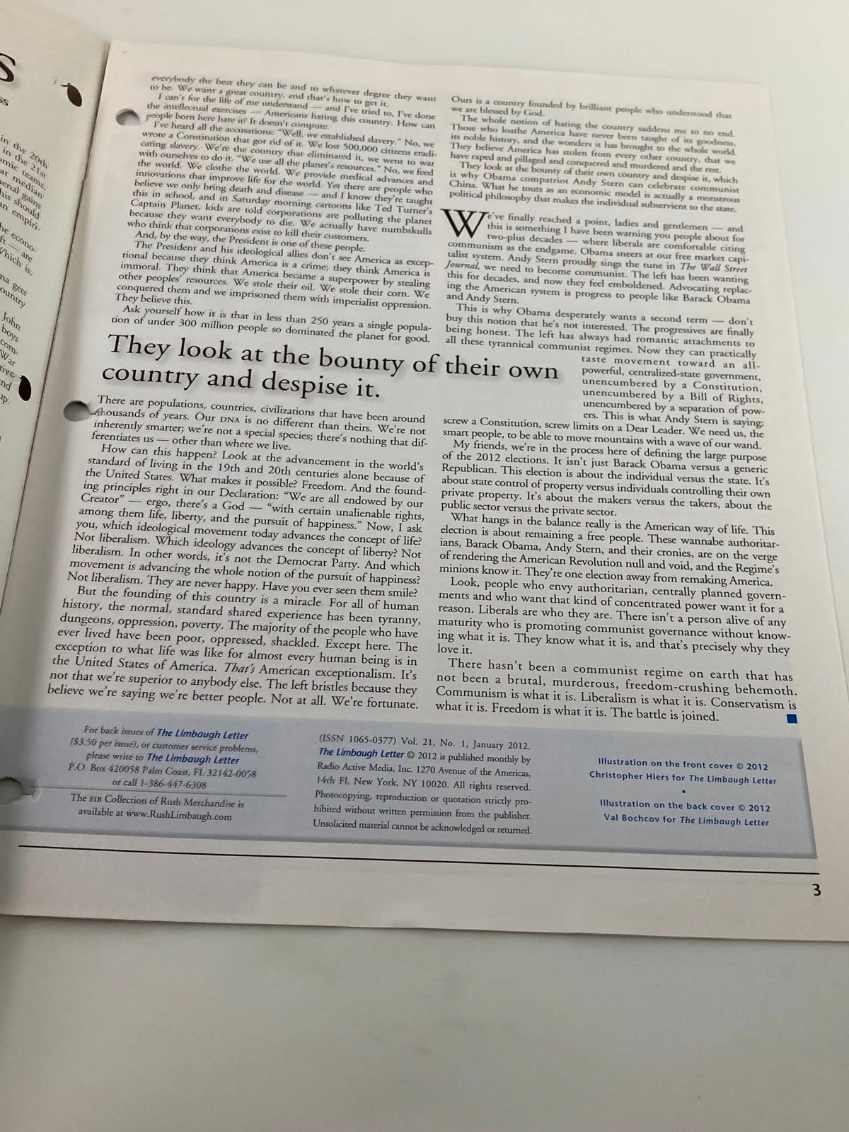 Another interior page of the Rush Limbaugh Letter Newsletter Magazine January 2012, featuring text on American perspectives with the heading 'They look at the bounty of their own country and despise it'.