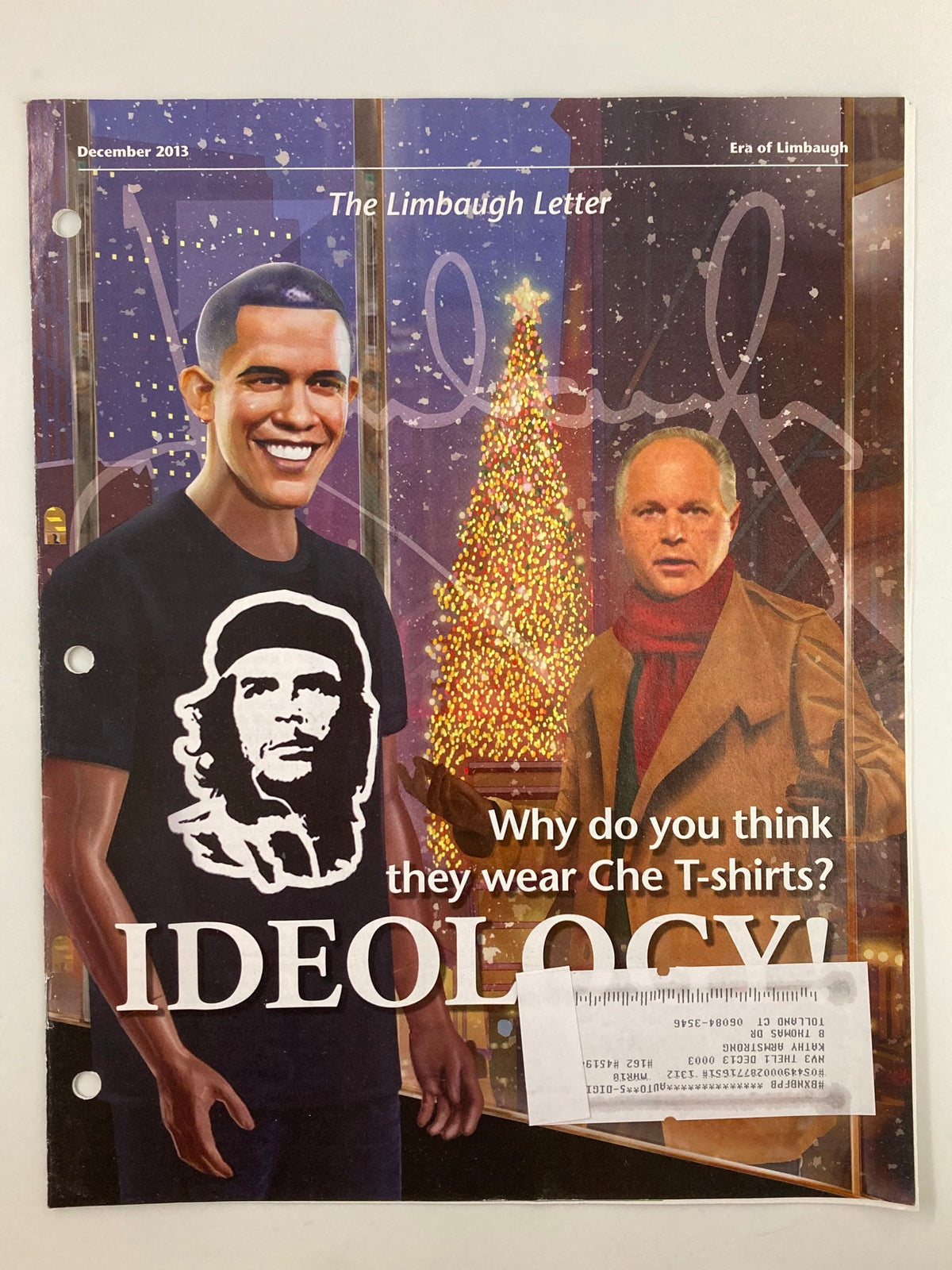 Cover of the Rush Limbaugh Letter Newsletter Magazine from December 2013 featuring a satirical depiction of Barack Obama and Che Guevara with the title 'IDEOLOGY' and the question, 'Why do you think they wear Che T-shirts?'.