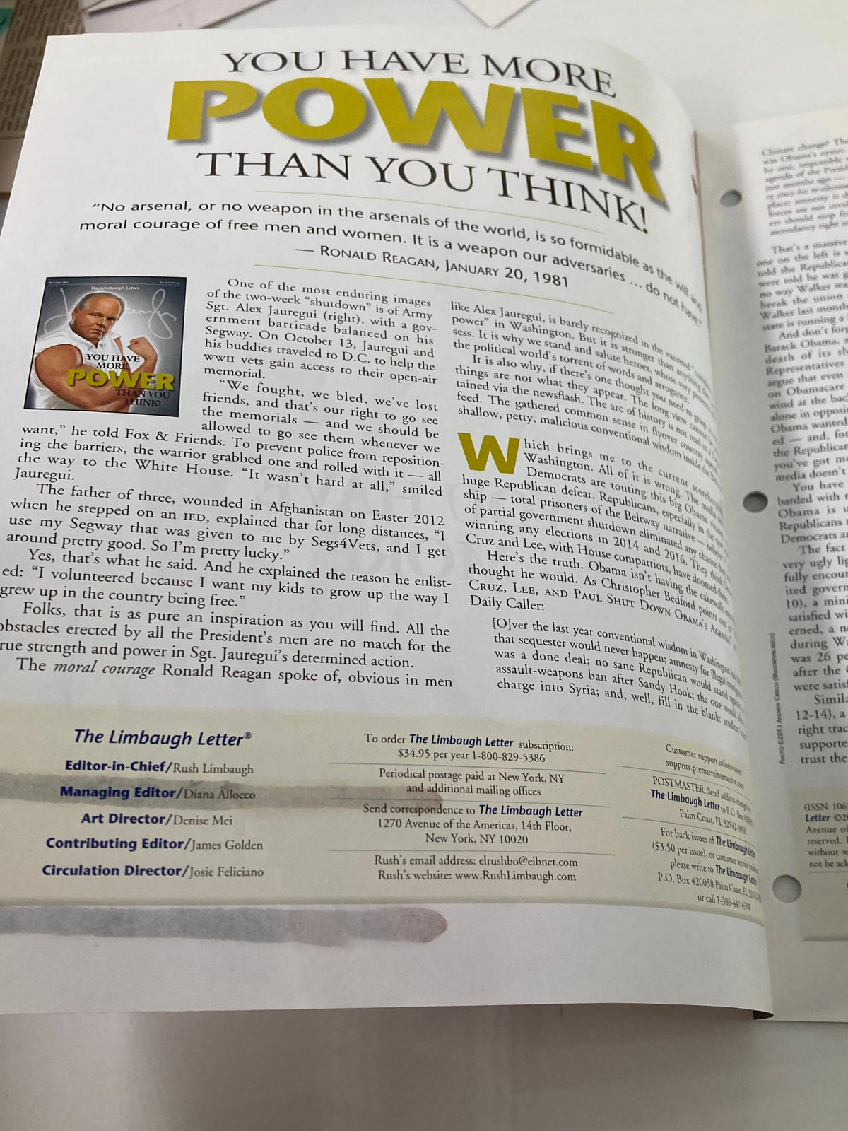 Interior page of Rush Limbaugh Letter Newsletter Magazine November 2013, showcasing content about power and encouragement, with a quote from Ronald Reagan.