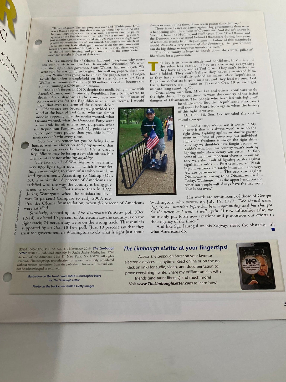 Another interior page of the Rush Limbaugh Letter Newsletter Magazine November 2013, displaying excerpts and insights with a visual of a child holding an American flag.