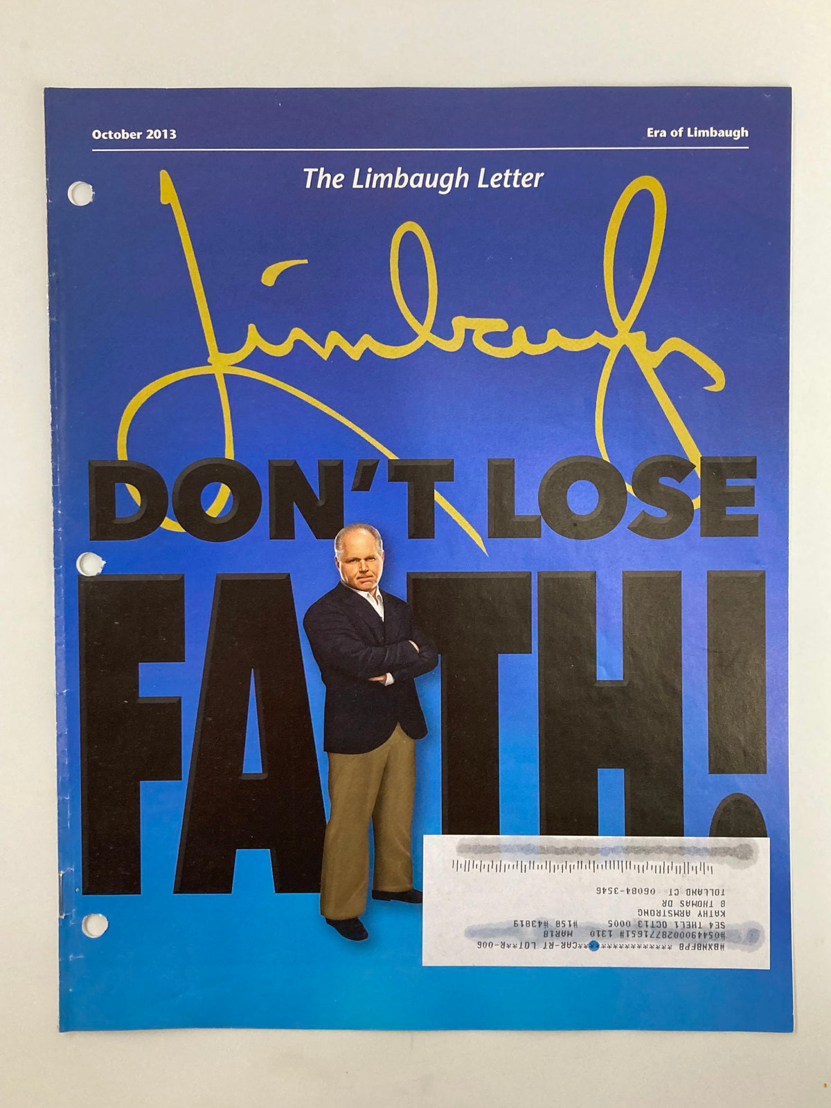 Cover of the Rush Limbaugh Letter Newsletter Magazine from October 2013, featuring the headline 'Don't Lose Faith' and a standing figure with an iconic signature. This collectible magazine reflects political commentary from the era.