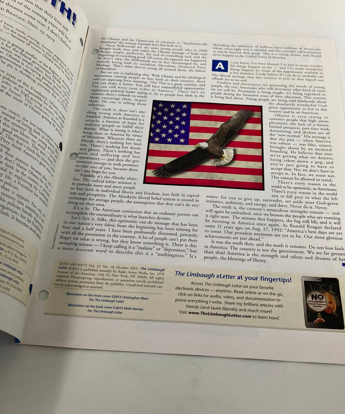 Rush Limbaugh Letter Newsletter Magazine October 2013 featuring an American flag and eagle illustration, highlighting themes of patriotism and faith.