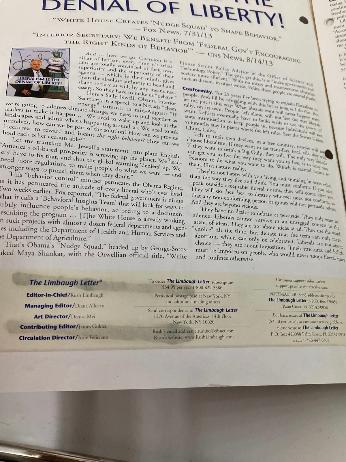 Interior page of the Rush Limbaugh Letter Newsletter Magazine, September 2013, featuring the article titled 'Denial of Liberty.' This page discusses political commentary and issues surrounding government behavior.