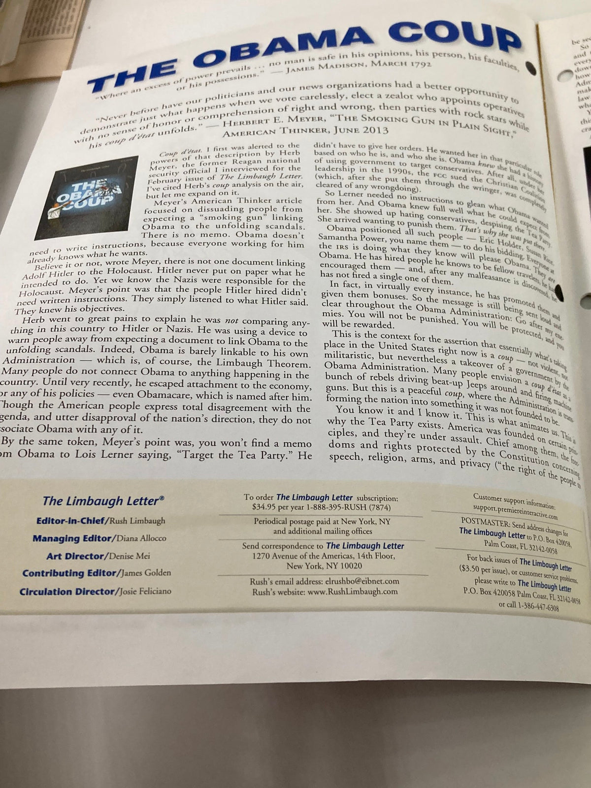 Inside page of the Rush Limbaugh Letter Newsletter Magazine July 2013, featuring political commentary on the Obama administration, titled 'The Obama Coup'.
