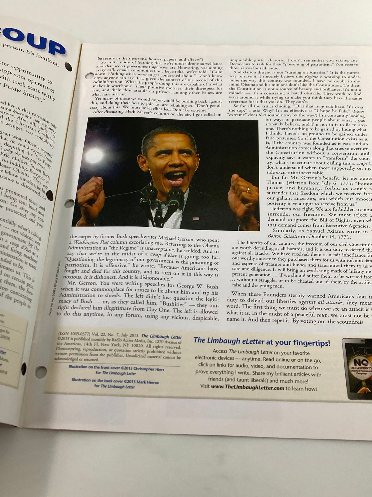 Second inside page of the Rush Limbaugh Letter Newsletter Magazine July 2013, showcasing insightful analysis and discussions related to Barack Obama and political themes of the early 2010s.