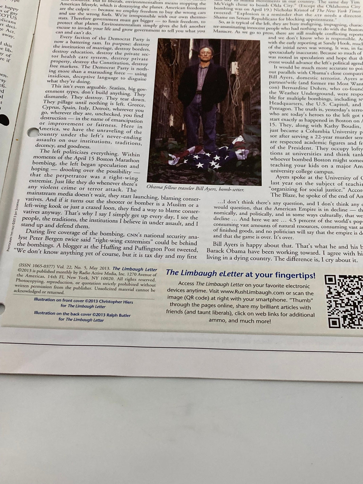 Another interior page of the Rush Limbaugh Letter Newsletter Magazine May 2013 showcasing an article with an image of Rush Limbaugh standing by an American flag.