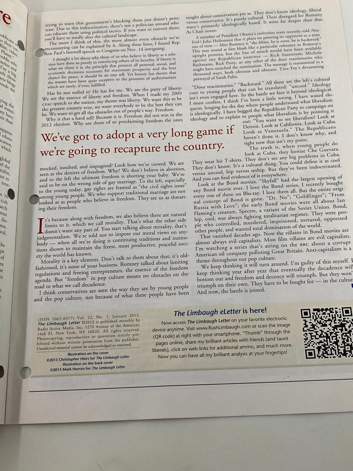 Another inside page of the Rush Limbaugh Letter January 2013, continuing the themes of cultural discourse with the title 'The Battle is the Culture'.