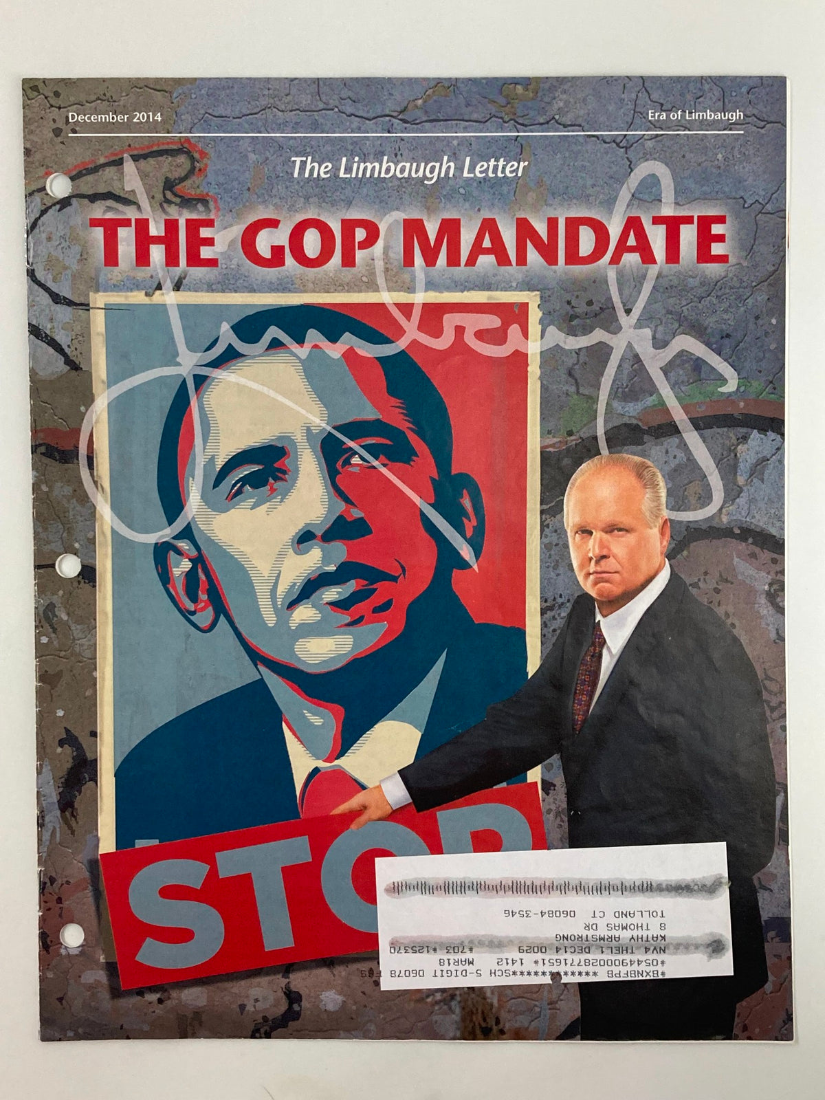 Cover of Rush Limbaugh Letter Newsletter from December 2014 titled 'The GOP Mandate', featuring graphics and a political theme related to Obama and the GOP.