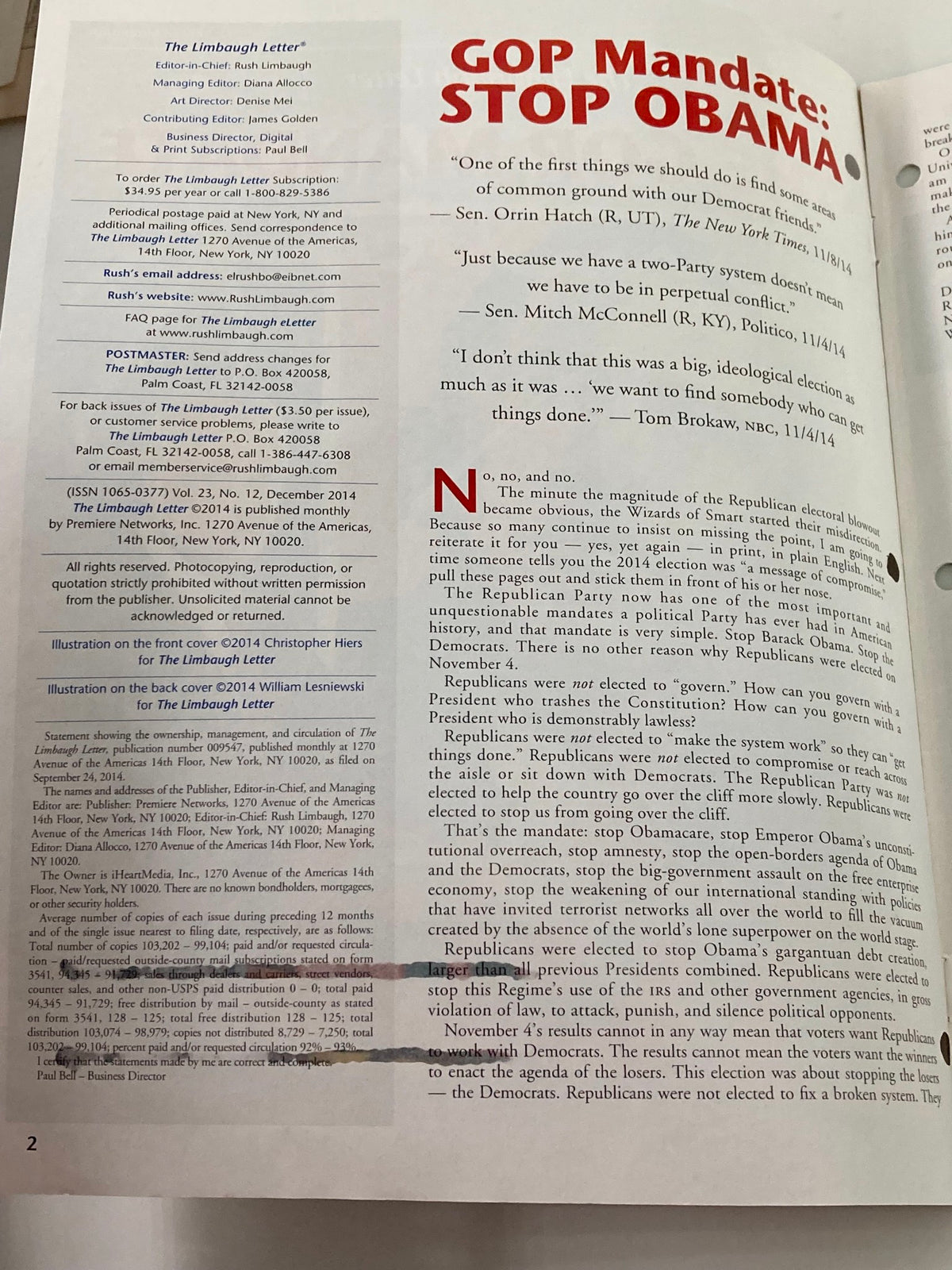 Interior page of the Rush Limbaugh Letter Newsletter December 2014, titled 'GOP Mandate: STOP OBAMA', showing political commentary and analysis.