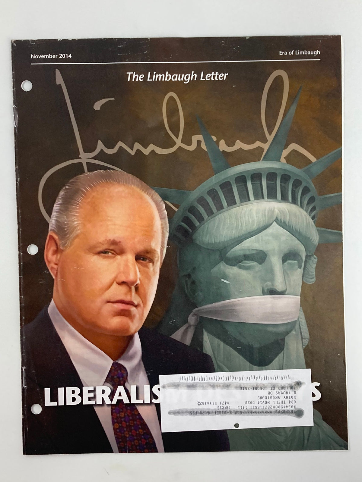 Rush Limbaugh Letter Newsletter Magazine November 2014 cover featuring the title 'LIBERALISM DESTROYED' with an image of Rush Limbaugh and the Statue of Liberty.