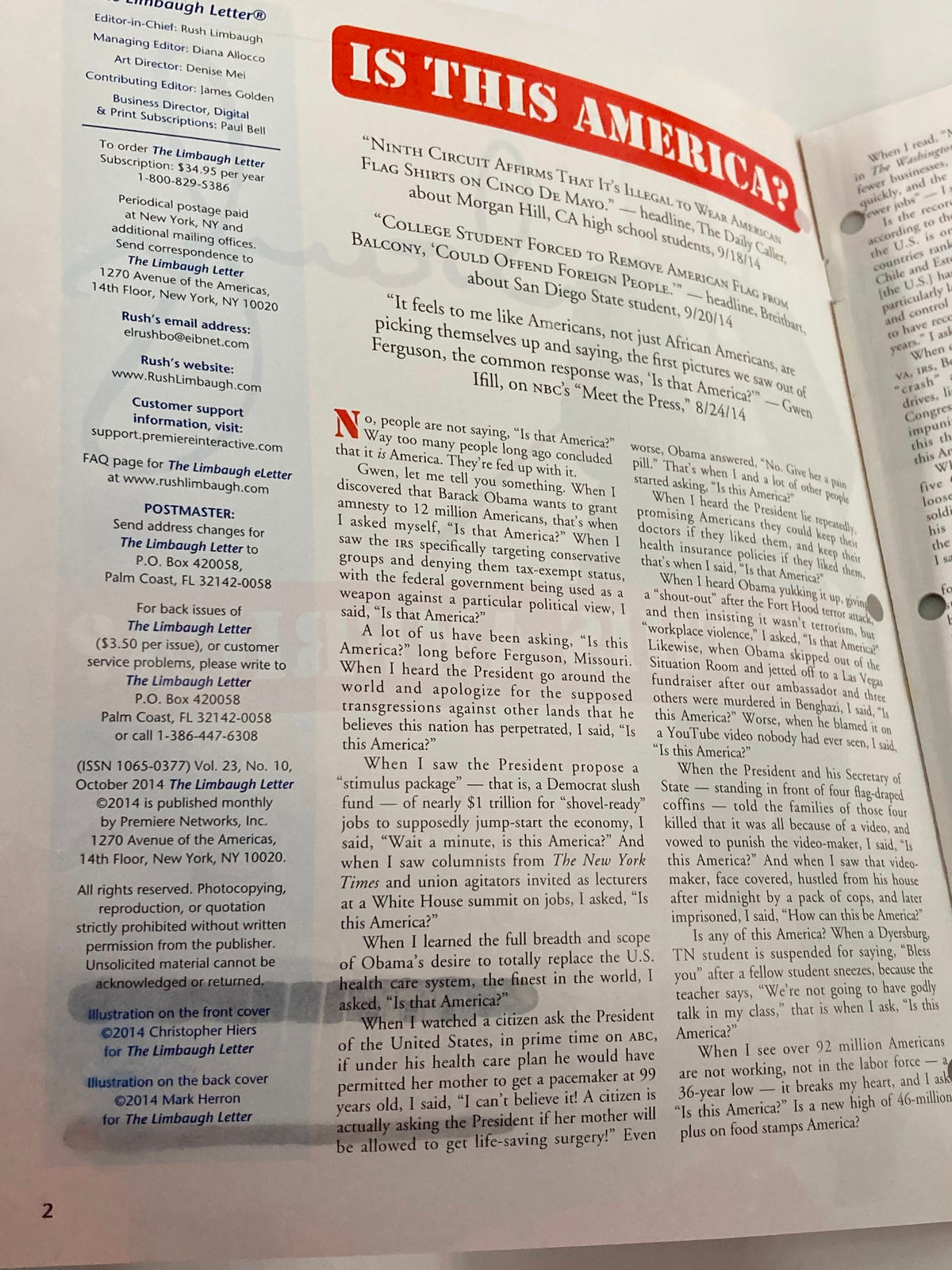 Interior page from the Rush Limbaugh Letter Newsletter Magazine, October 2014, titled 'Is This America?', featuring article text and layout discussing sociopolitical themes.