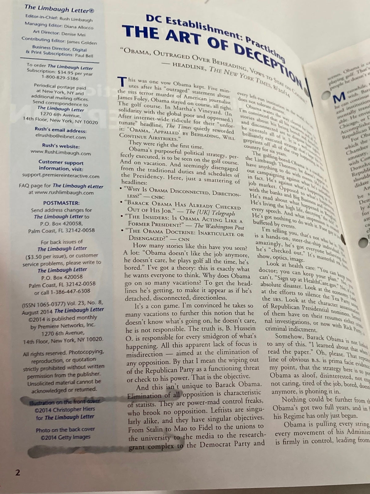 Inside page of Rush Limbaugh Letter Magazine September 2014 discussing themes of deception in politics with a focus on Barack Obama.
