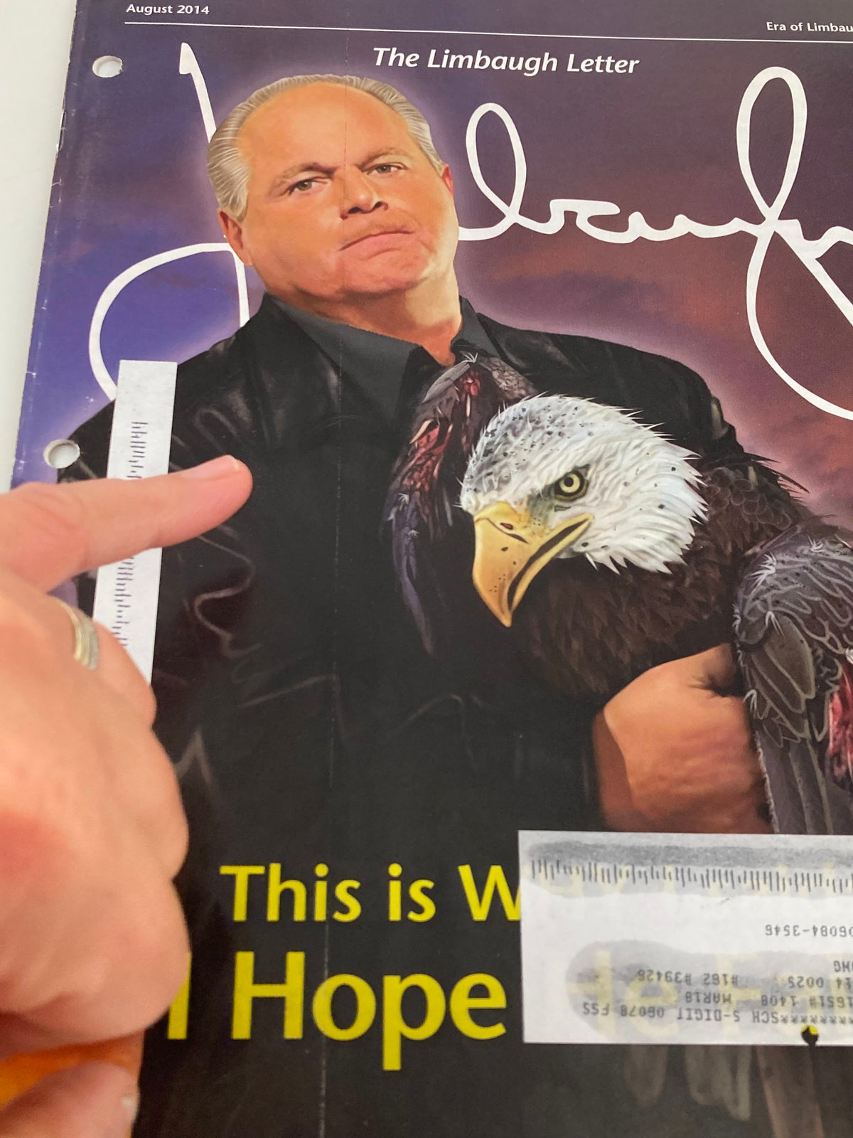 Close-up of the Rush Limbaugh Letter Newsletter Magazine August 2014 cover, featuring Rush Limbaugh and an eagle, emphasizing the title 'I Hope He Fails'.