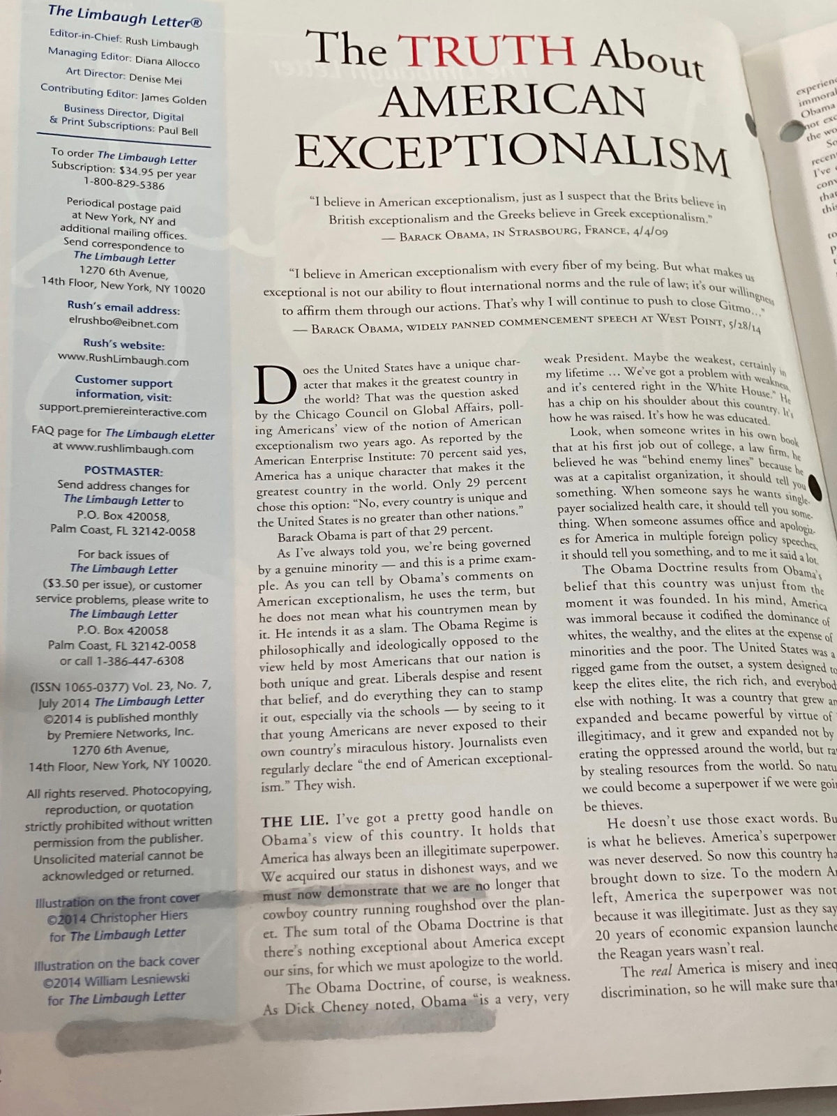Interior page of the Rush Limbaugh Letter Newsletter Magazine July 2014 detailing the article titled 'The Truth About American Exceptionalism', including a quote from Barack Obama.