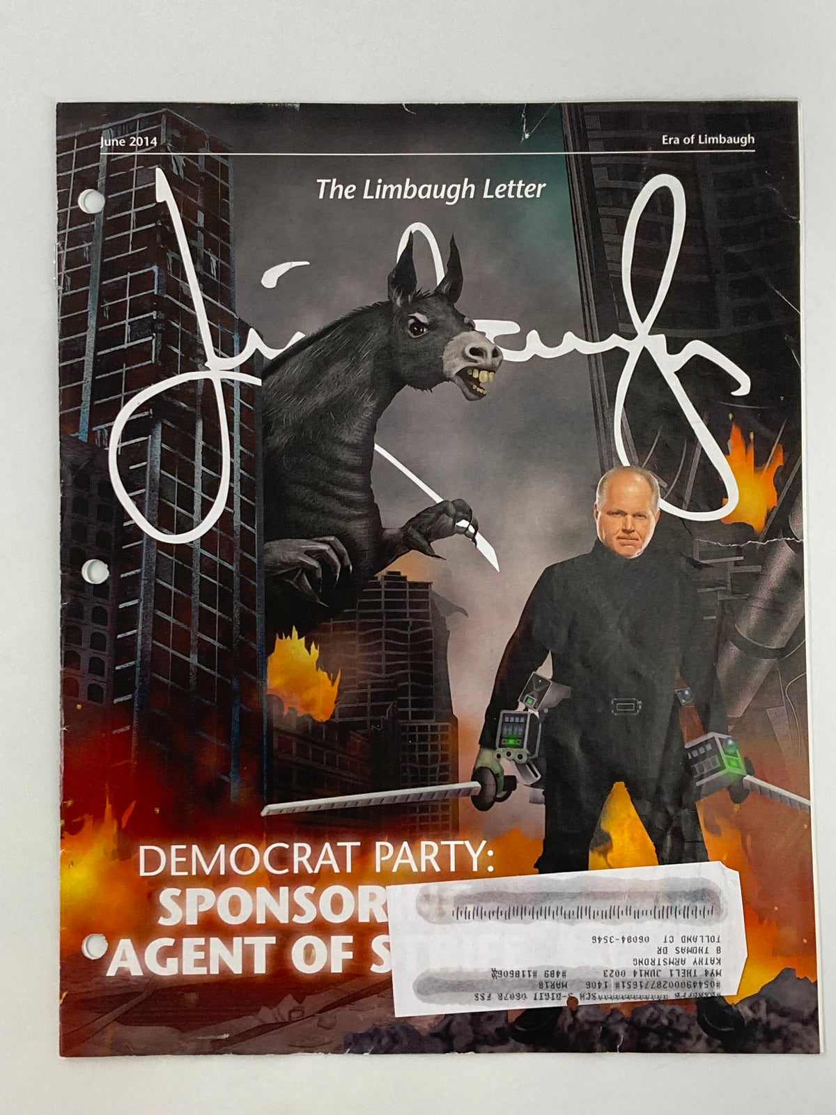 Rush Limbaugh Letter Newsletter Magazine June 2014 cover featuring artwork depicting a character with a weapon and a donkey, representing the theme 'Sponsoring Agent of Strife'.
