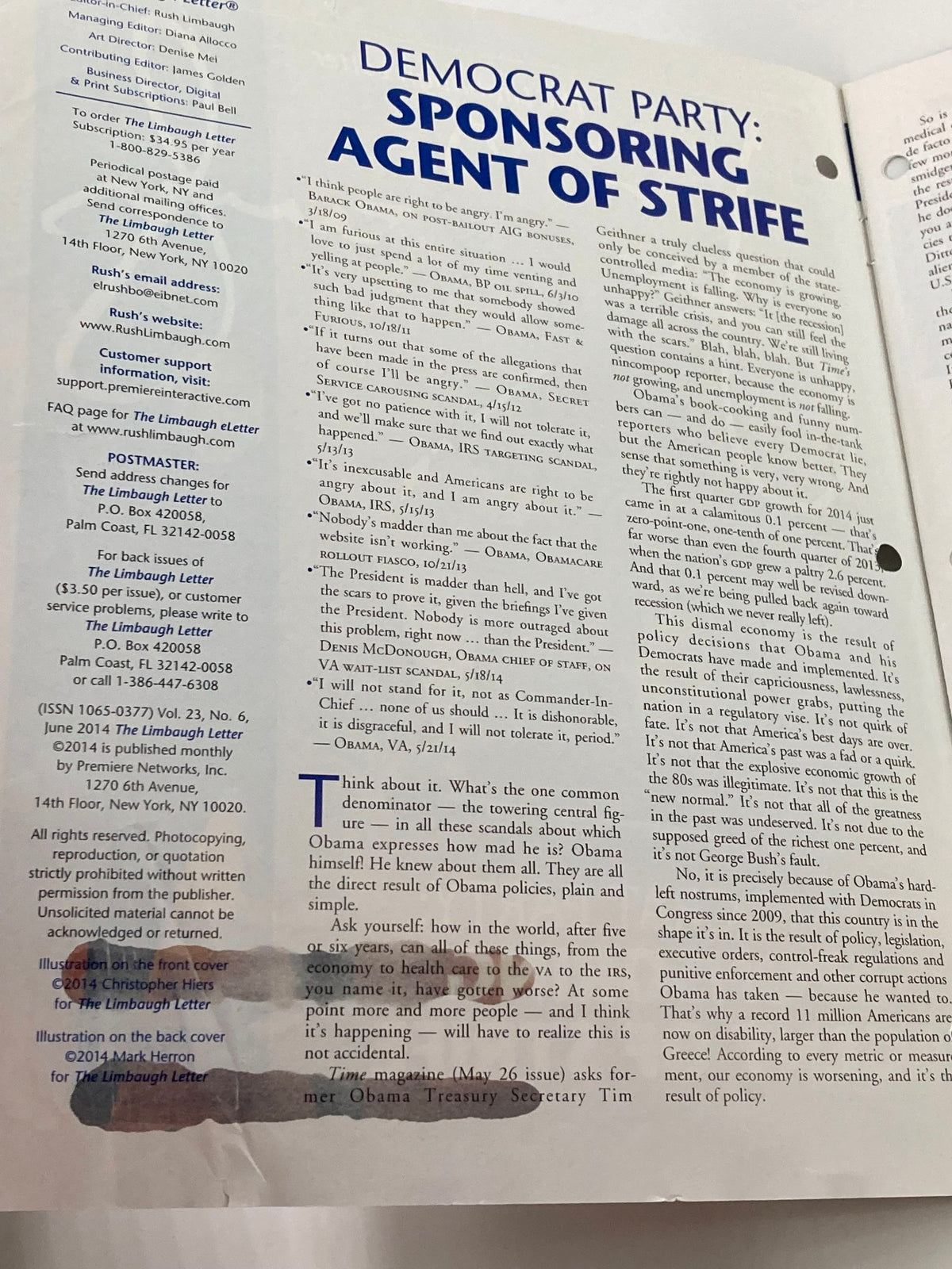 Rush Limbaugh Letter Newsletter Magazine June 2014 titled 'Sponsoring Agent of Strife', showcasing an article discussing the Democratic Party.