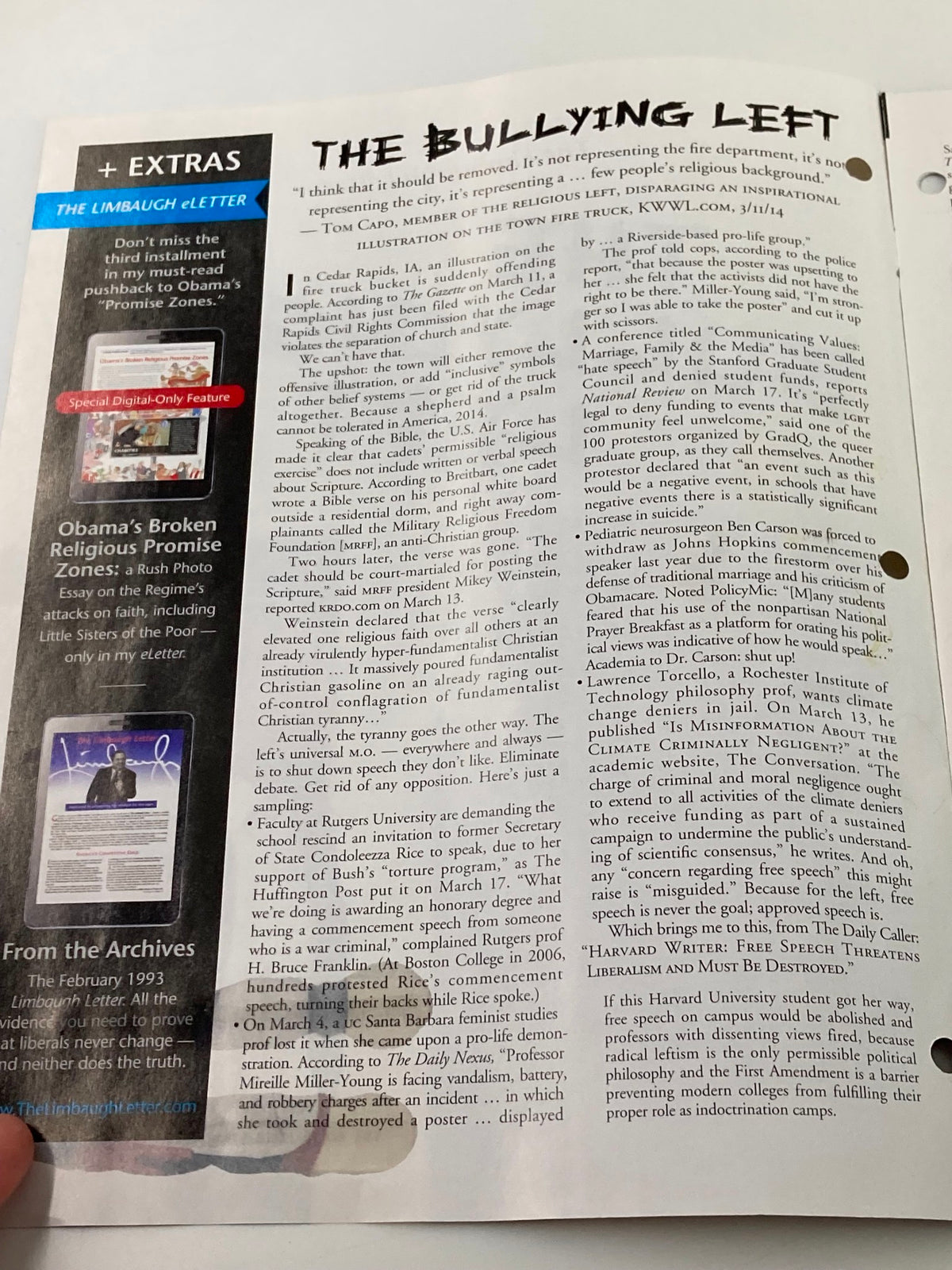 Interior page of the Rush Limbaugh Letter Magazine from April 2014 titled 'The Bullying Left', showcasing text and discussion on contemporary political issues.