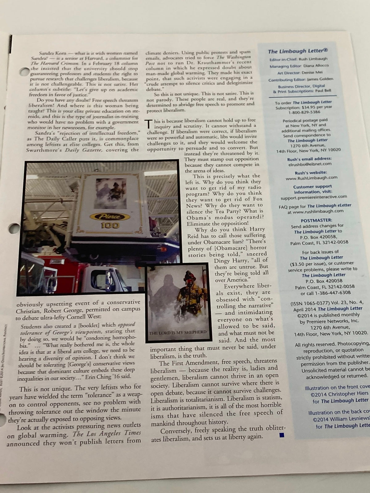 Another interior page of the Rush Limbaugh Letter Magazine from April 2014 titled 'The Bullying Left', presenting a conservative perspective on social commentary.