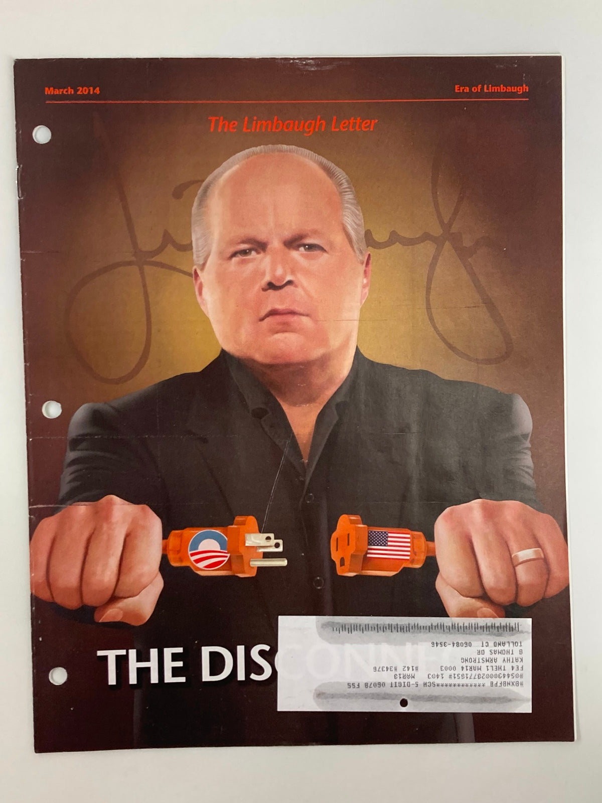 Cover of the March 2014 Rush Limbaugh Letter Newsletter Magazine titled 'The Disconnected', featuring Rush Limbaugh holding electrical plugs with political themes.