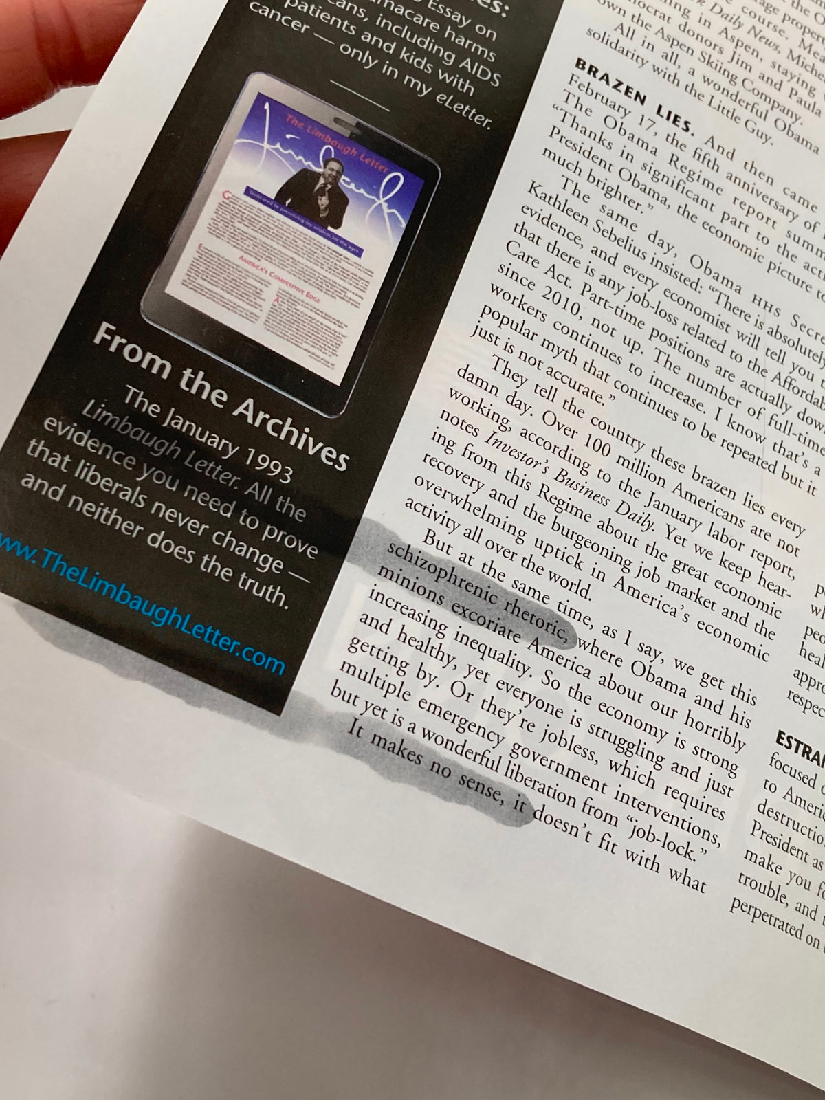 Interior page from the March 2014 Rush Limbaugh Letter Newsletter Magazine, showcasing a section titled 'From the Archives' with commentary and analysis.