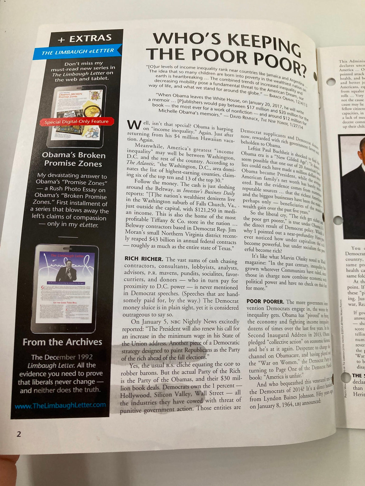 Inside page of the Rush Limbaugh Letter Newsletter Magazine February 2014 titled 'Who's Keeping The Poor Poor?', showcasing commentary on socio-economic issues.