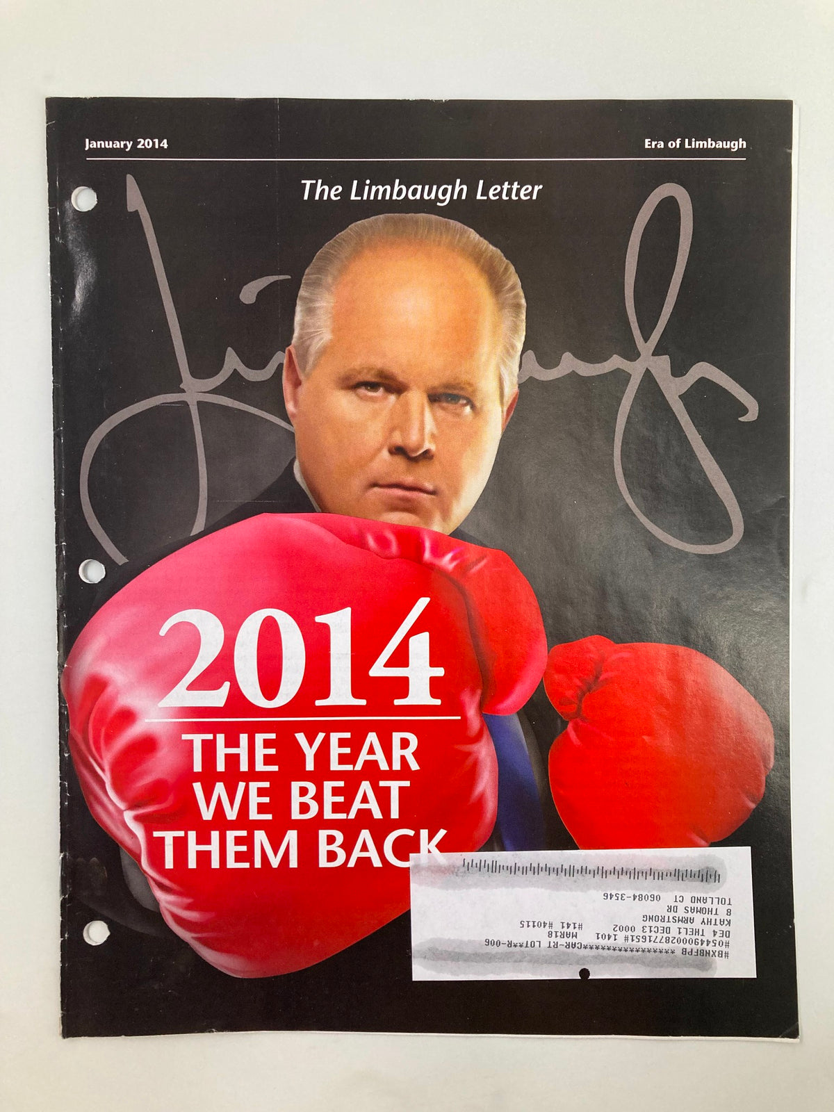 Cover of Rush Limbaugh Letter Newsletter Magazine January 2014 titled 'The Year We Beat Them Back' featuring Rush Limbaugh with boxing gloves.