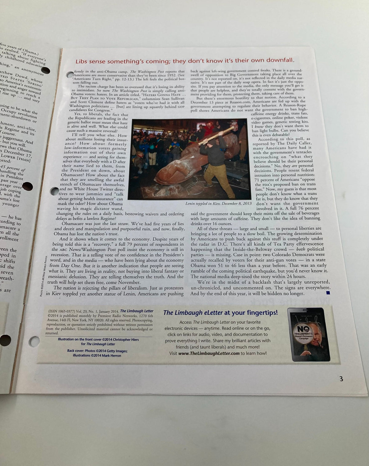 Another inside page of Rush Limbaugh Letter Newsletter Magazine January 2014 focusing on political insights, titled 'The Year We Beat Them Back'.