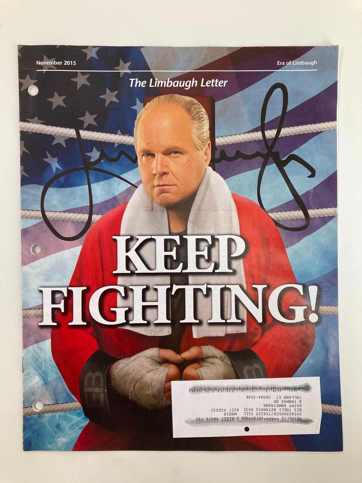 Rush Limbaugh Letter Newsletter Magazine November 2015 Keep Fighting cover featuring Rush Limbaugh against an American flag backdrop.