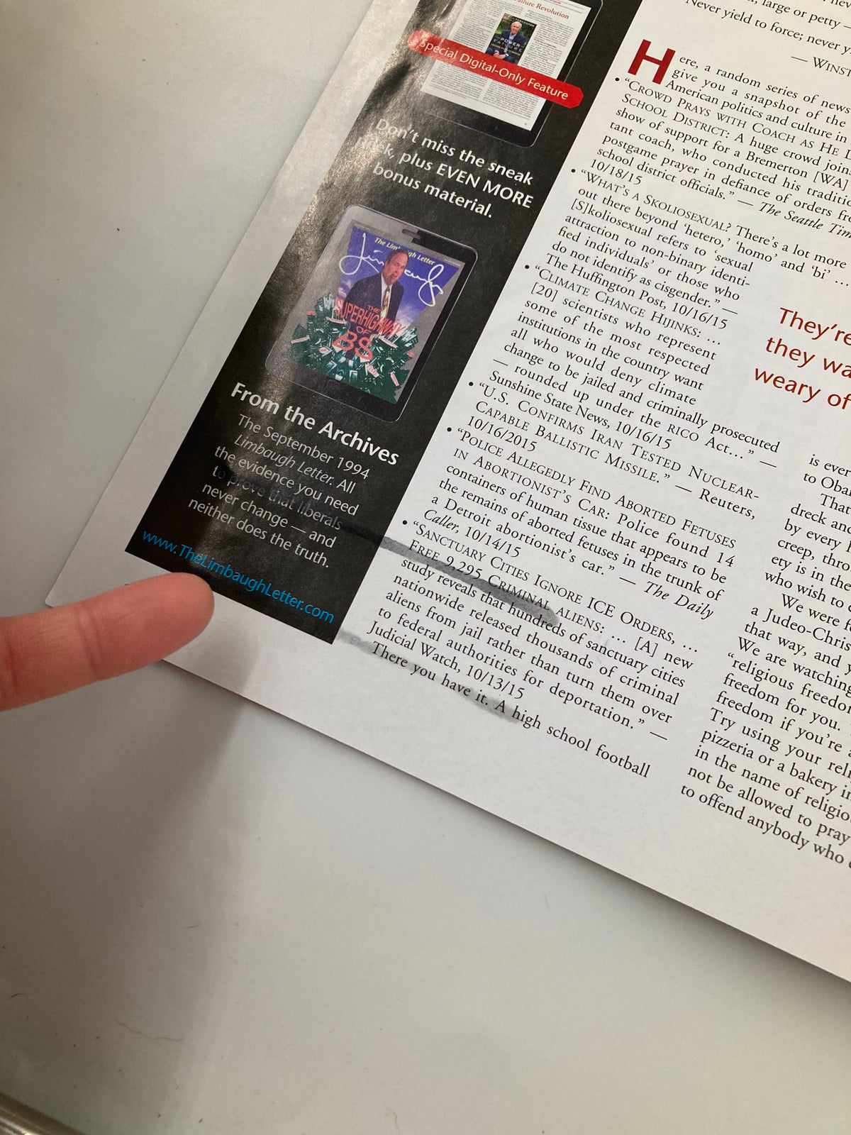 Highlighted advertisement from the Rush Limbaugh Letter Newsletter Magazine November 2015 Keep Fighting featuring bonus material information.