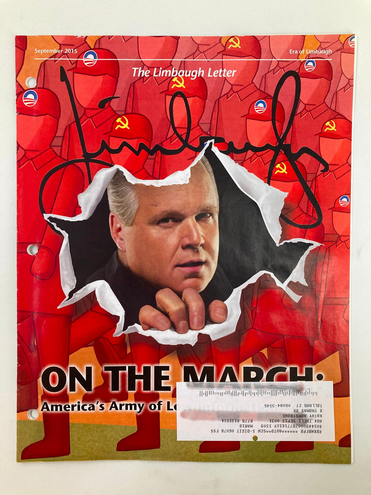 Cover of the Rush Limbaugh Letter Newsletter Magazine for September 2015, featuring a dramatic image of Rush Limbaugh behind a torn paper effect with a red background depicting political themes.