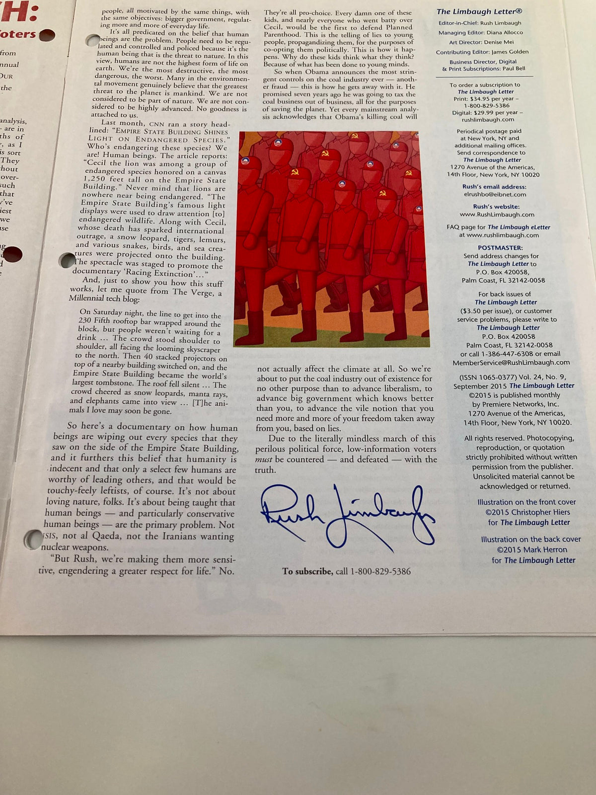 Second page of the Rush Limbaugh Letter Newsletter Magazine September 2015, showcasing discussions on voter behavior and featuring a signature from Rush Limbaugh.