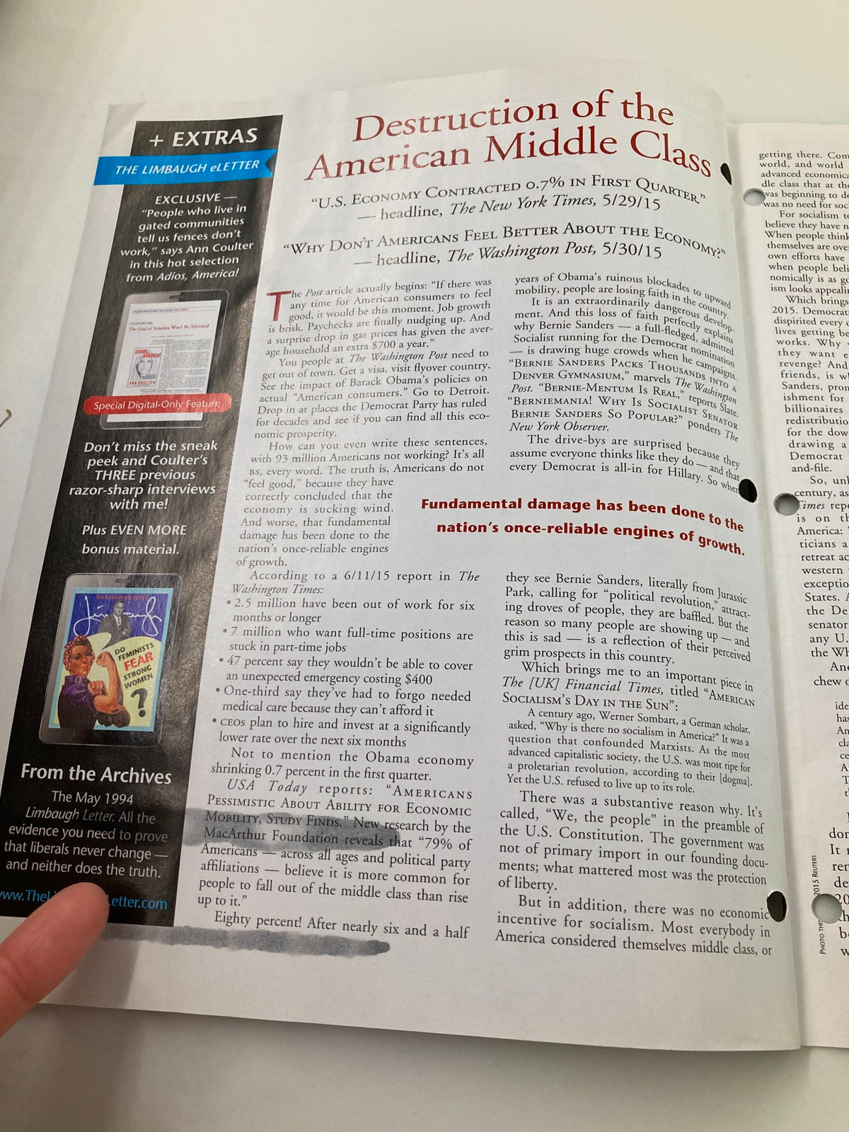 Interior page of Rush Limbaugh Letter Newsletter Magazine July 2015 discussing the Destruction of the American Middle Class, highlighting economic concerns.