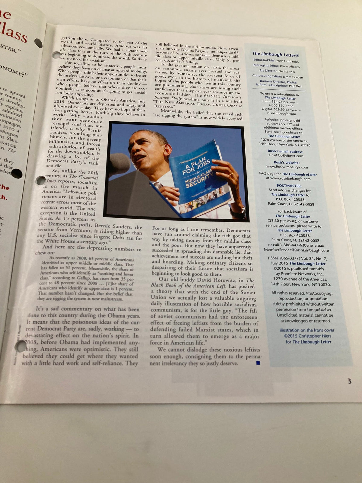 Rush Limbaugh Letter Newsletter Magazine July 2015 image featuring a speaker discussing the American middle class, accompanied by text highlighting socio-economic themes.