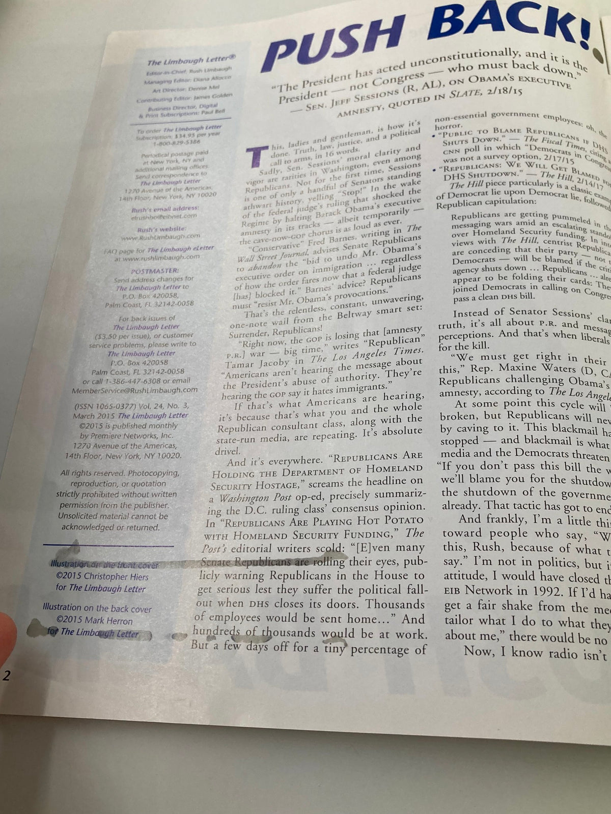 Interior page of the Rush Limbaugh Letter Newsletter March 2015, discussing political commentary with a focus on Republican strategy, highlighted by the 'PUSH BACK!' theme.