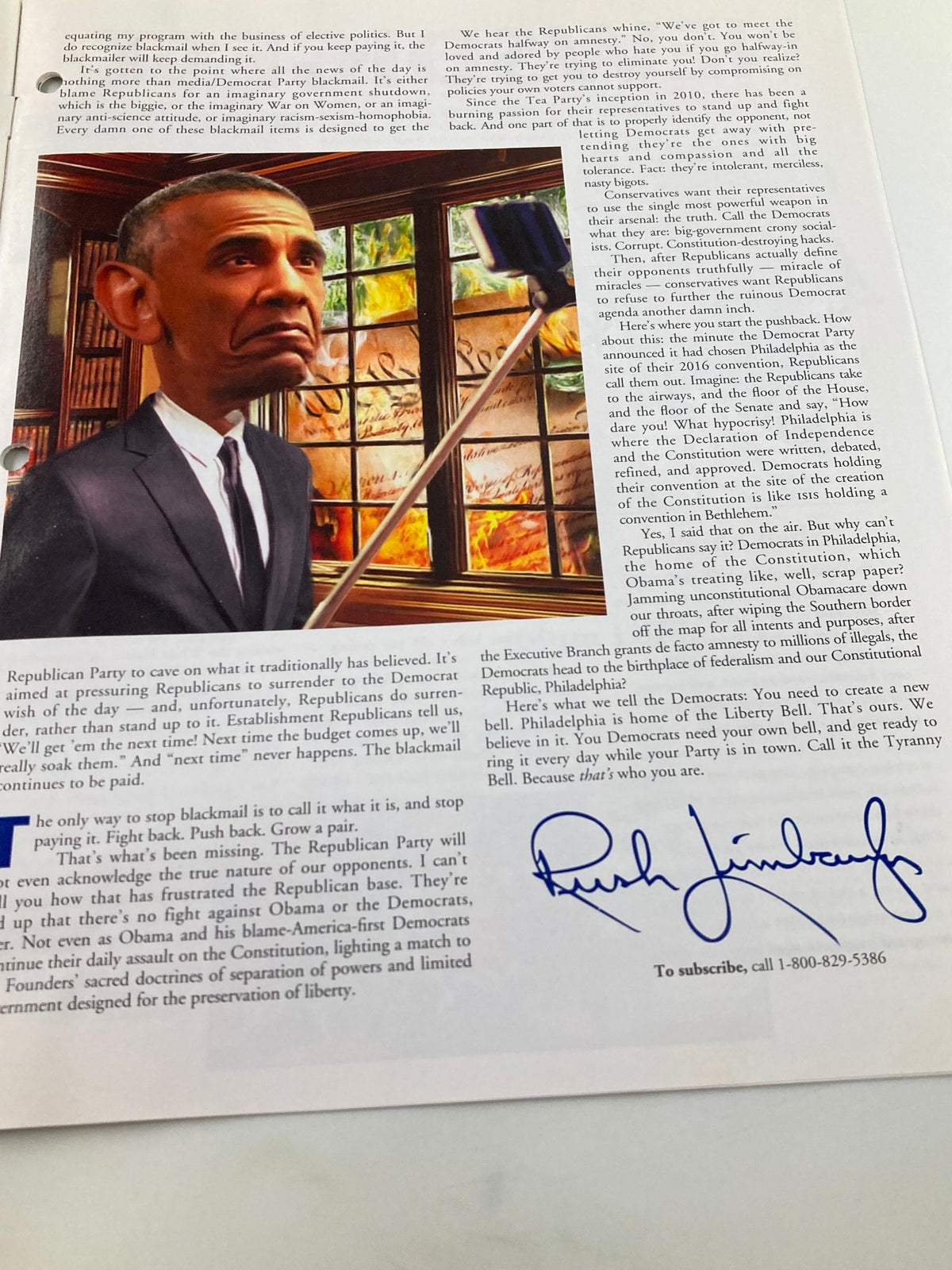 Another interior page of the Rush Limbaugh Letter Newsletter March 2015, which includes a caricature of Barack Obama, accompanied by Rush Limbaugh's signature.