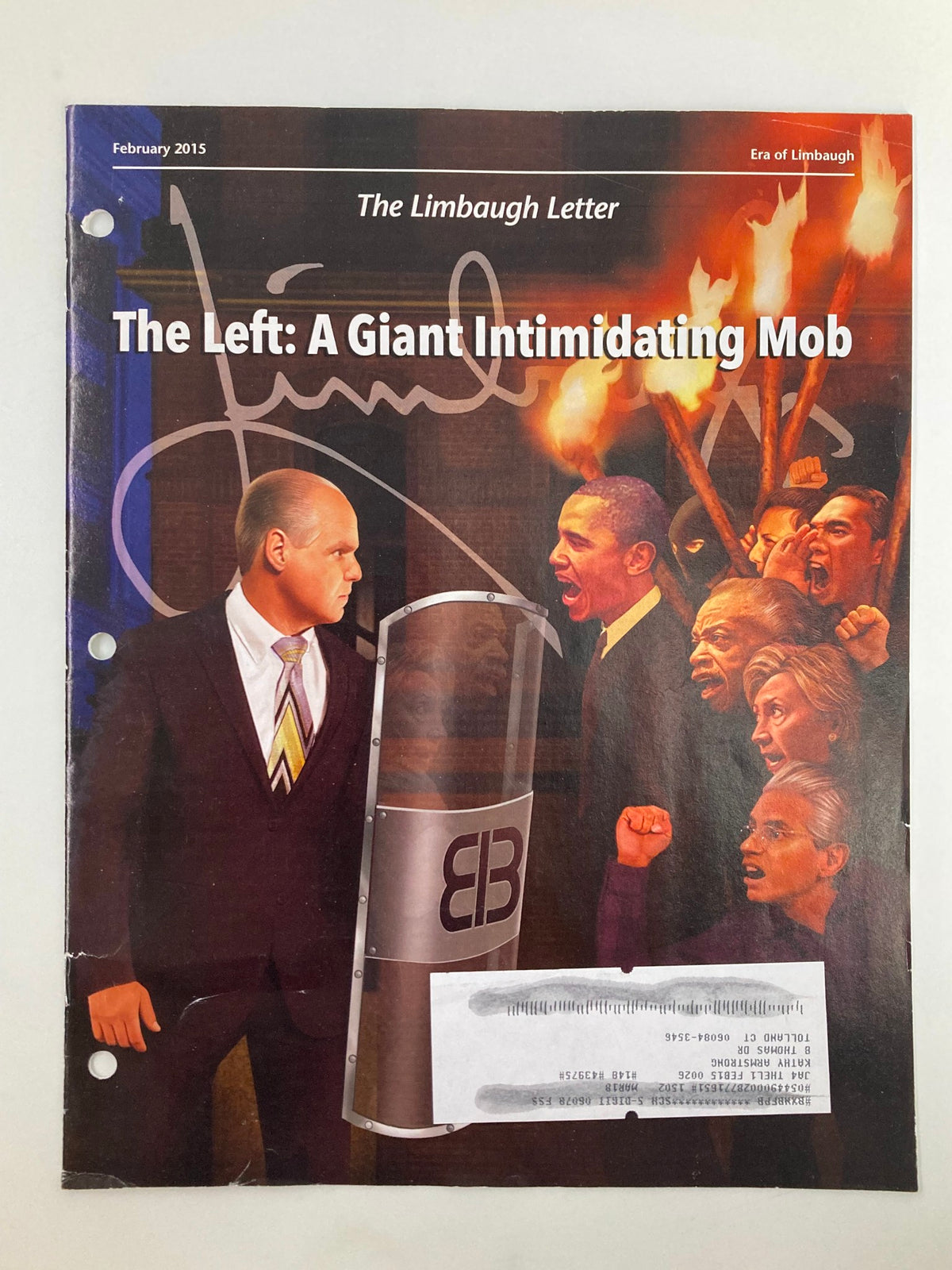 Cover of Rush Limbaugh Letter Newsletter Magazine February 2015 featuring the title 'The Left: A Giant Intimidating Mob' with a dramatic illustration and political themes.