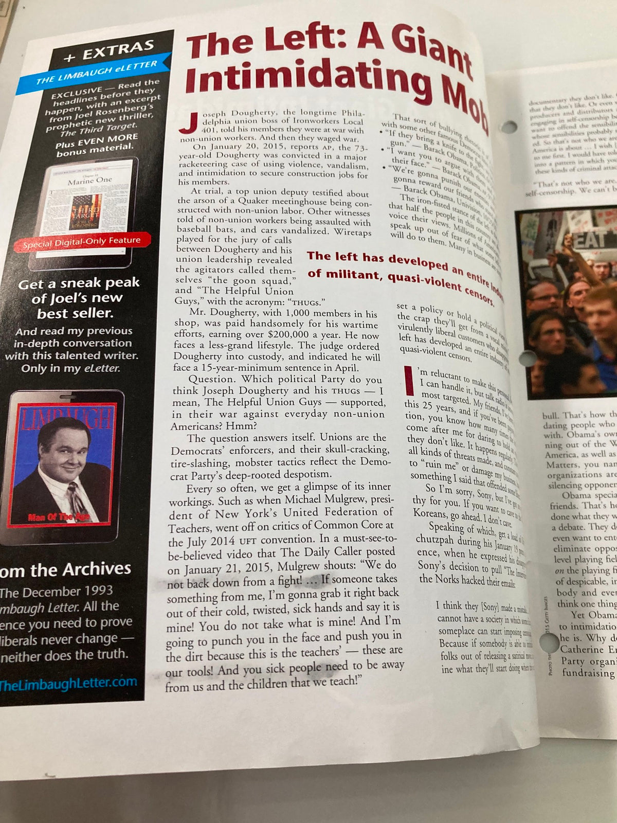Interior page of Rush Limbaugh Letter Newsletter Magazine February 2015 showcasing the article 'The Left: A Giant Intimidating Mob' with insightful commentary on political movements.
