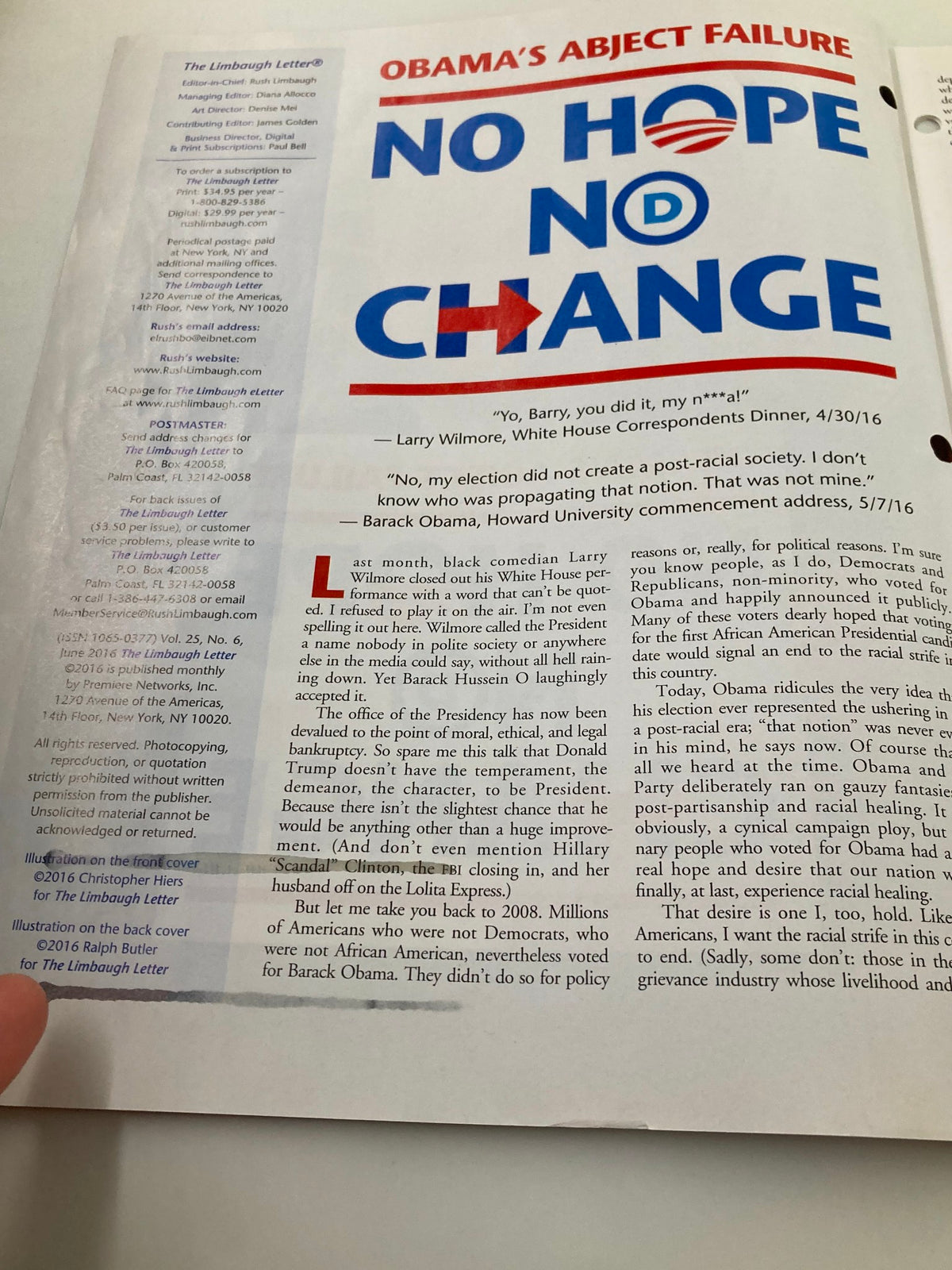 Inside page of the June 2016 Rush Limbaugh Letter Magazine, discussing Barack Obama's presidency and the theme 'Obama’s Abject Failure: No Hope No Change', valuable for historical and political research.