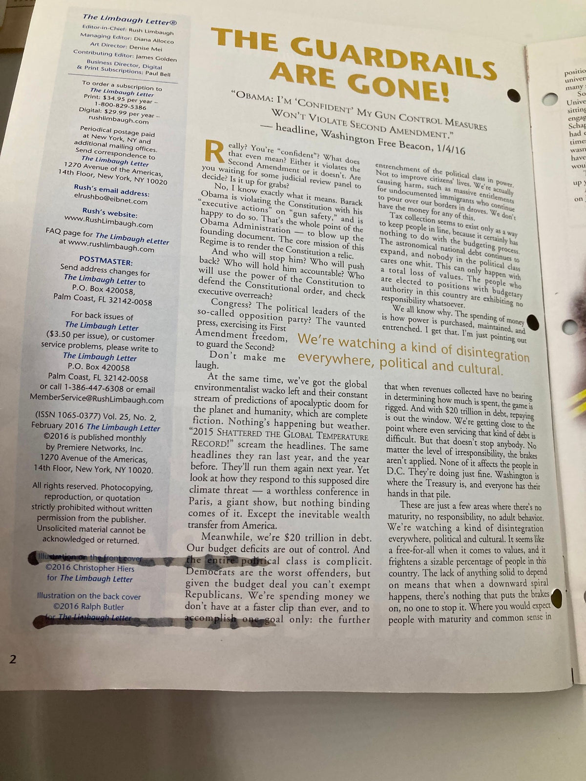 Interior page of the Rush Limbaugh Letter Newsletter Magazine February 2016 titled 'The Guardrails Are Gone', showcasing a headline discussing gun control and cultural disintegration.