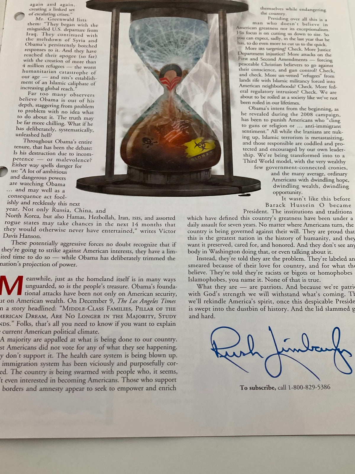 Rush Limbaugh Letter Newsletter Magazine January 2016, showcasing a symbolic hourglass graphic representing time and legacy, accompanied by Rush Limbaugh's signature and a discussion on Obama’s impact.