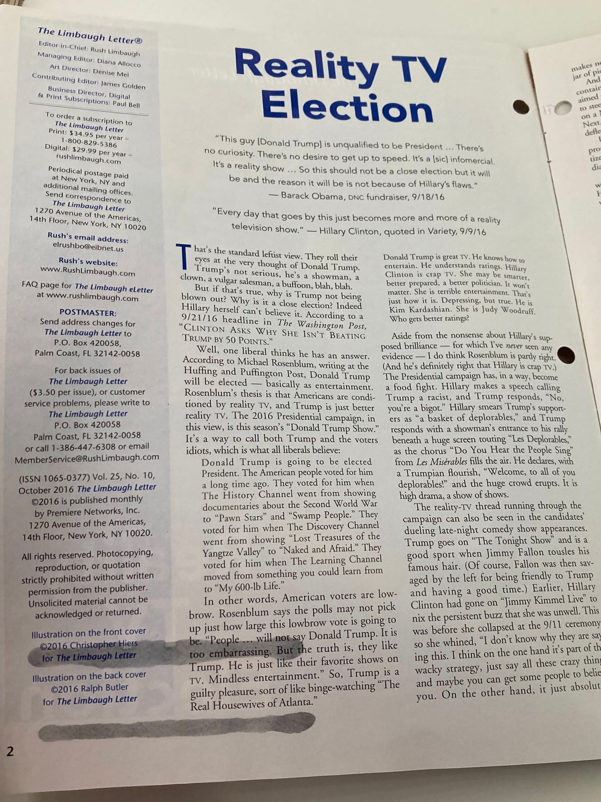 Rush Limbaugh Letter Newsletter Magazine October 2016 page featuring insights on Reality TV and the Election, discussing political figures and commentary.