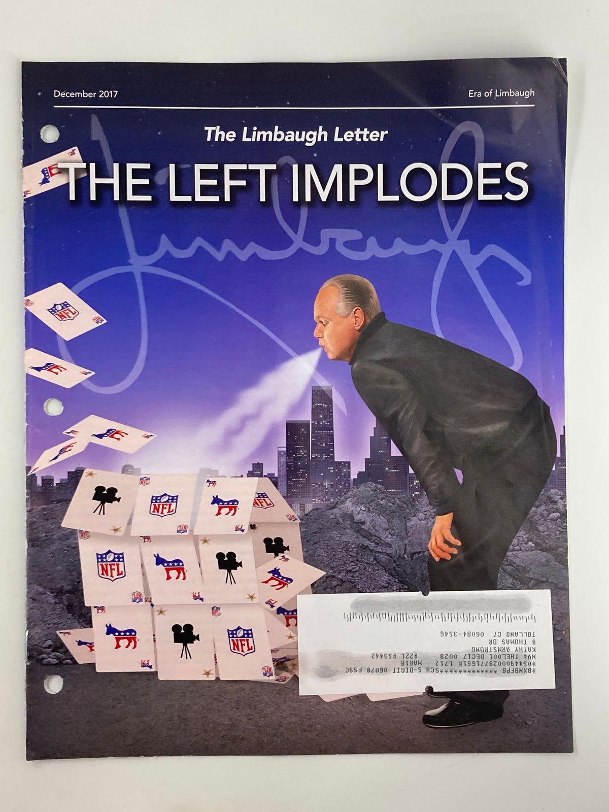 Cover of Rush Limbaugh Letter Newsletter Magazine December 2017 titled 'The Left Implodes', featuring a political commentary theme with an illustrated depiction of Rush Limbaugh.